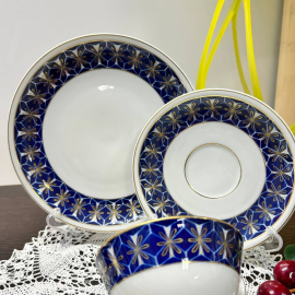 Чайное трио. Немецкий фарфор Lettin 1956-69гг. Натурал кобальт, позолота.. Картинка 3